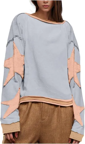 Women's Oversized Star Sweatshirt Long Sleeve Y2k Shirts Drop Shoulder Vintage Graphic Crewneck Jacket Preppy Clothes