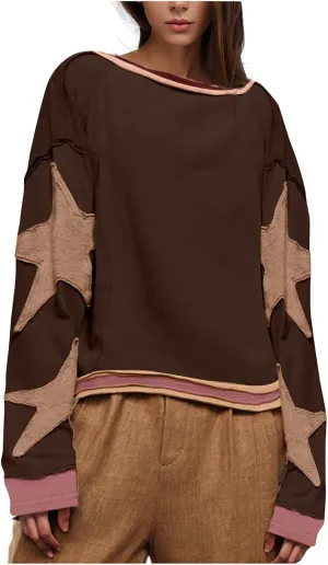 Women's Oversized Star Sweatshirt Long Sleeve Y2k Shirts Drop Shoulder Vintage Graphic Crewneck Jacket Preppy Clothes