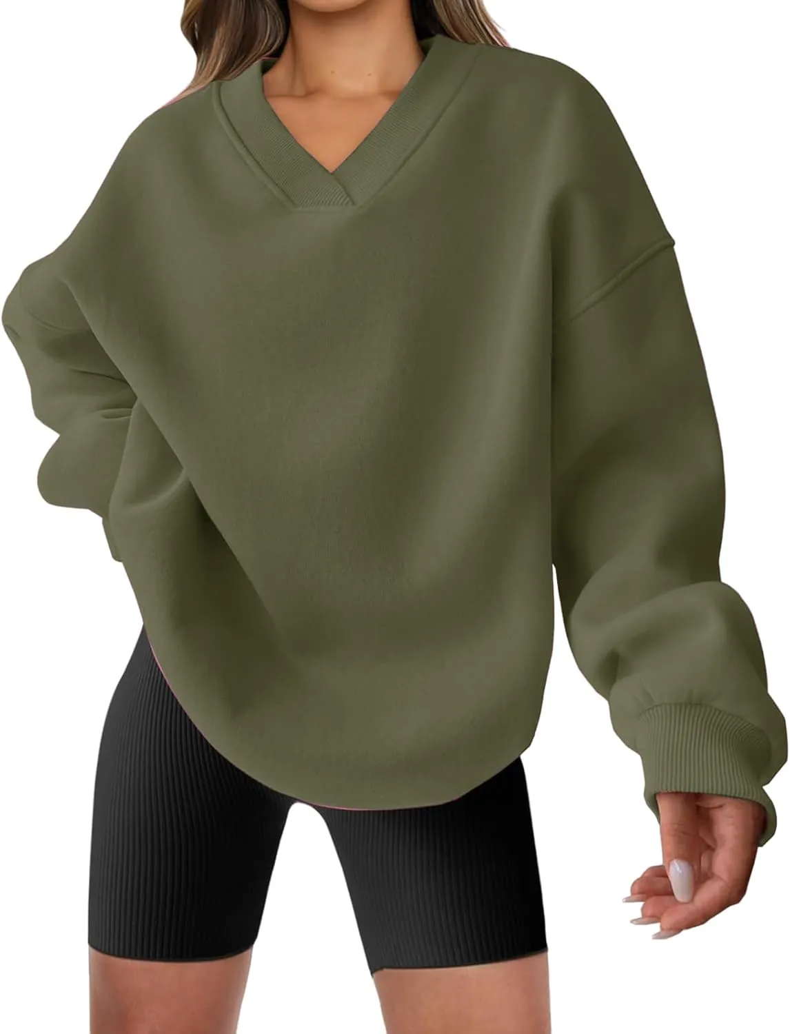 Womens Oversized Sweatshirt Hoodies Casual V Neck Long Sleeve Shirts Fleece Pullover Tops Fall Teens Preppy Clothes
