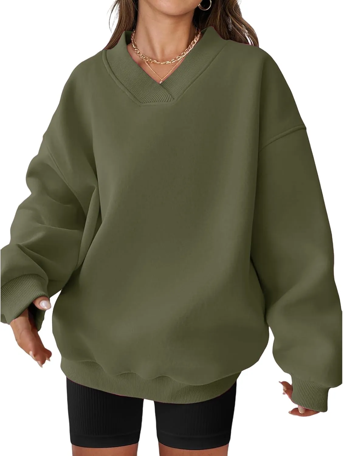 Womens Oversized Sweatshirt Hoodies Casual V Neck Long Sleeve Shirts Fleece Pullover Tops Fall Teens Preppy Clothes