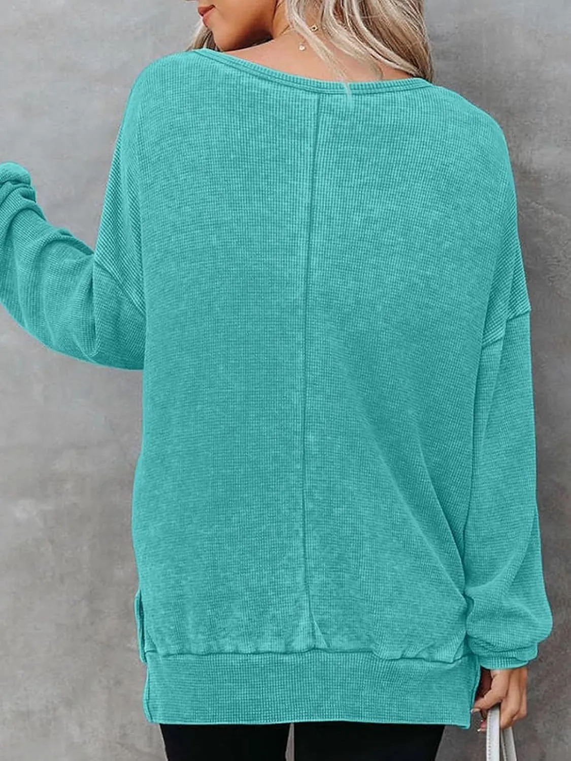 Womens Oversized Sweatshirts Crewneck Waffle Knit Casual Pullover Blouses Long Sleeve Side Slit Sweatshirt Tops S-2XL