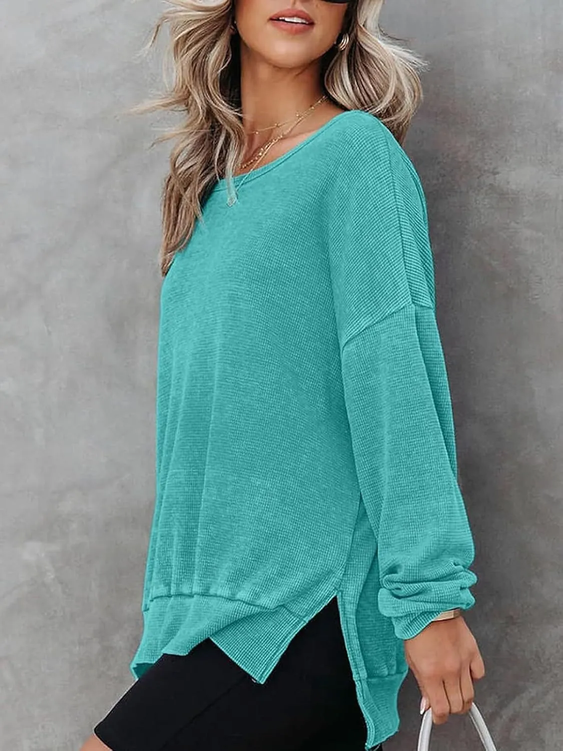 Womens Oversized Sweatshirts Crewneck Waffle Knit Casual Pullover Blouses Long Sleeve Side Slit Sweatshirt Tops S-2XL