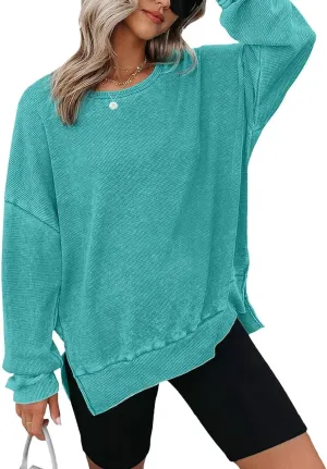 Womens Oversized Sweatshirts Crewneck Waffle Knit Casual Pullover Blouses Long Sleeve Side Slit Sweatshirt Tops S-2XL