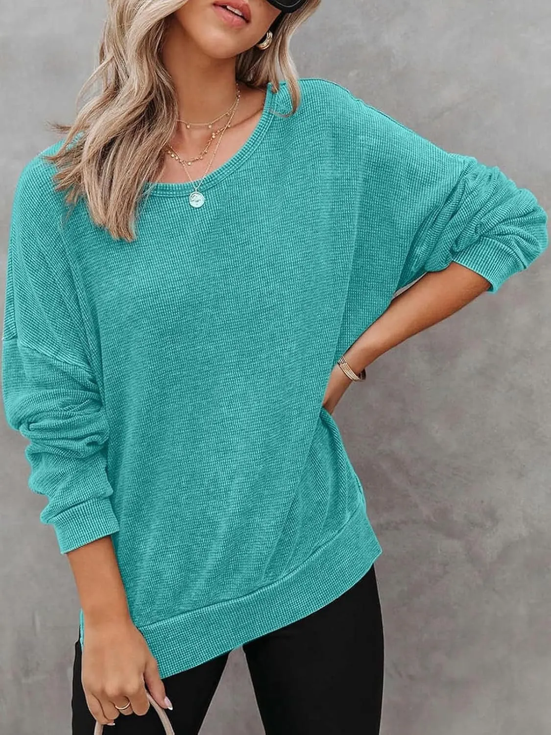 Womens Oversized Sweatshirts Crewneck Waffle Knit Casual Pullover Blouses Long Sleeve Side Slit Sweatshirt Tops S-2XL