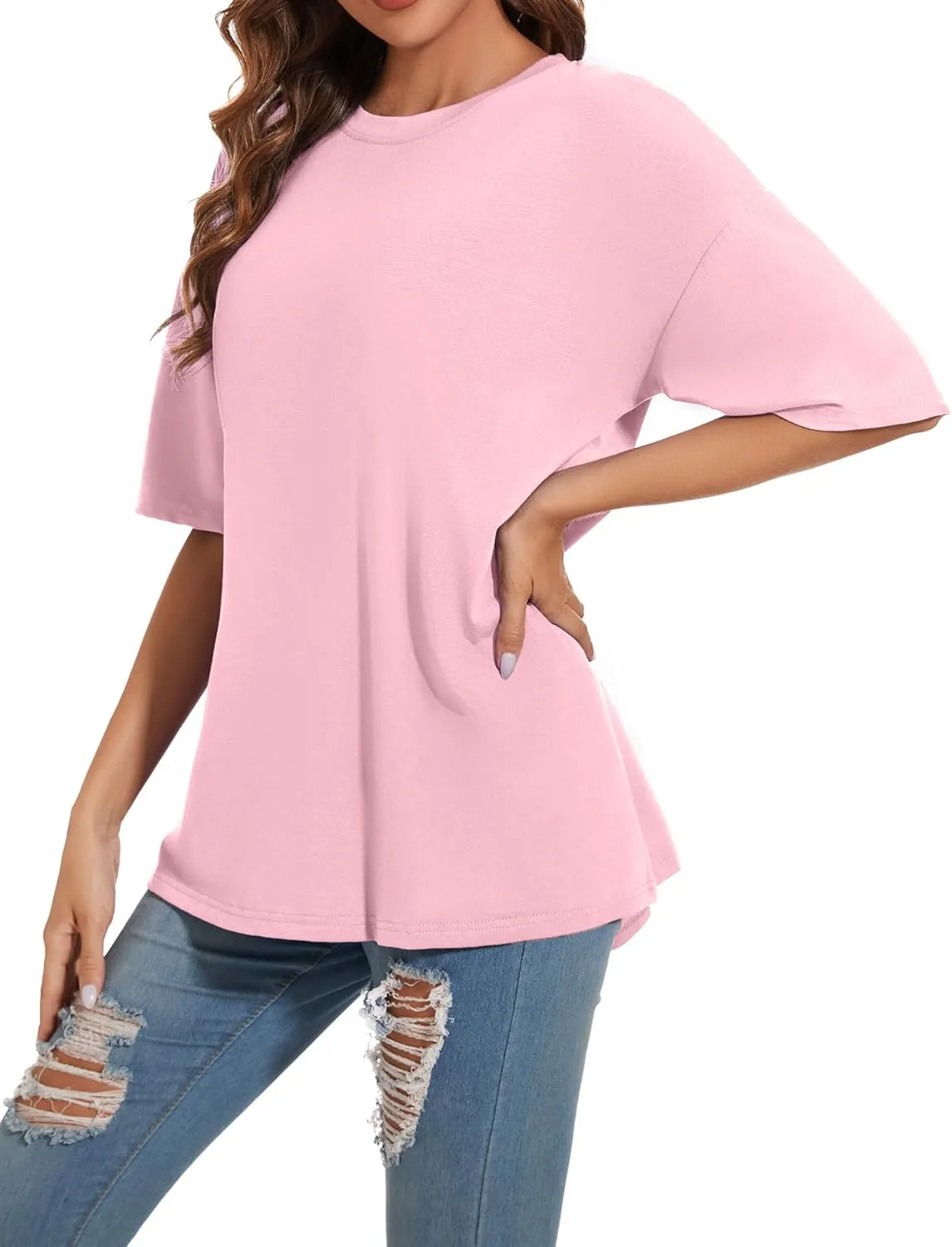 Women's Oversized T Shirts Round Neck Striped Tees Summer Half Sleeve Casual Comfy Cozy Cotton Tunic Tops