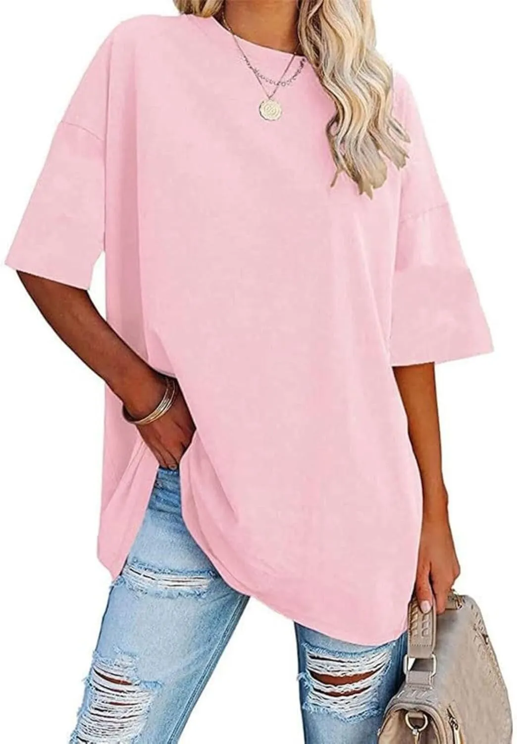 Women's Oversized T Shirts Round Neck Striped Tees Summer Half Sleeve Casual Comfy Cozy Cotton Tunic Tops