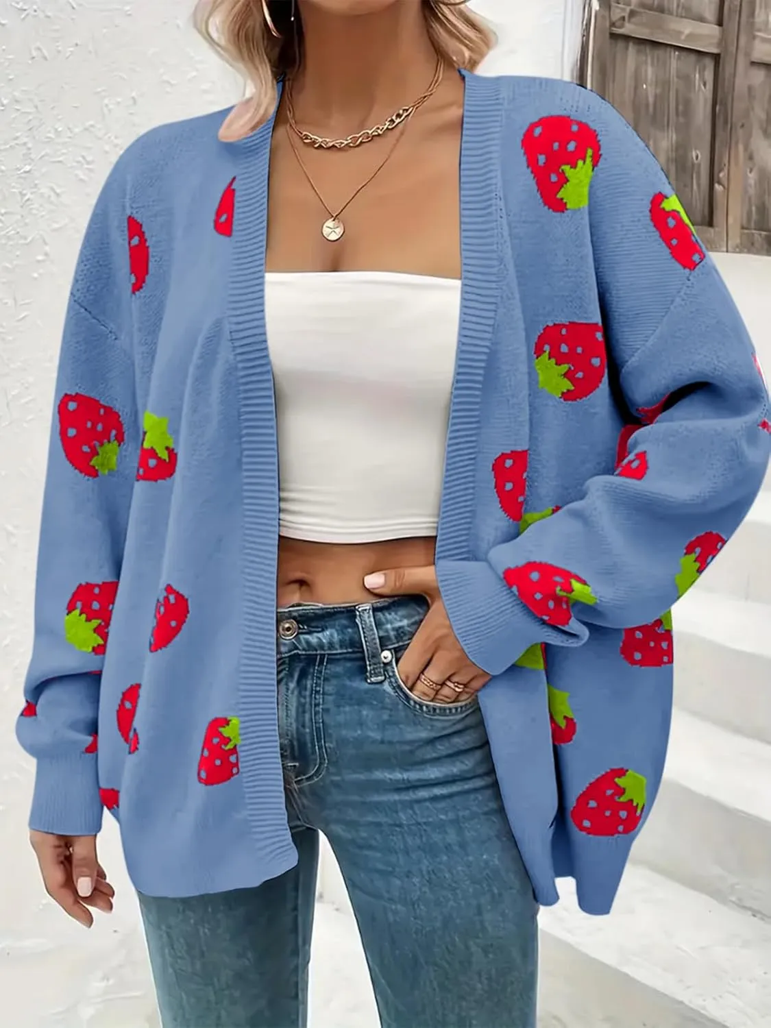 Women's Plus Size Strawberry Floral Print Long Sleeve Open Front Knit Cardigan Sweater