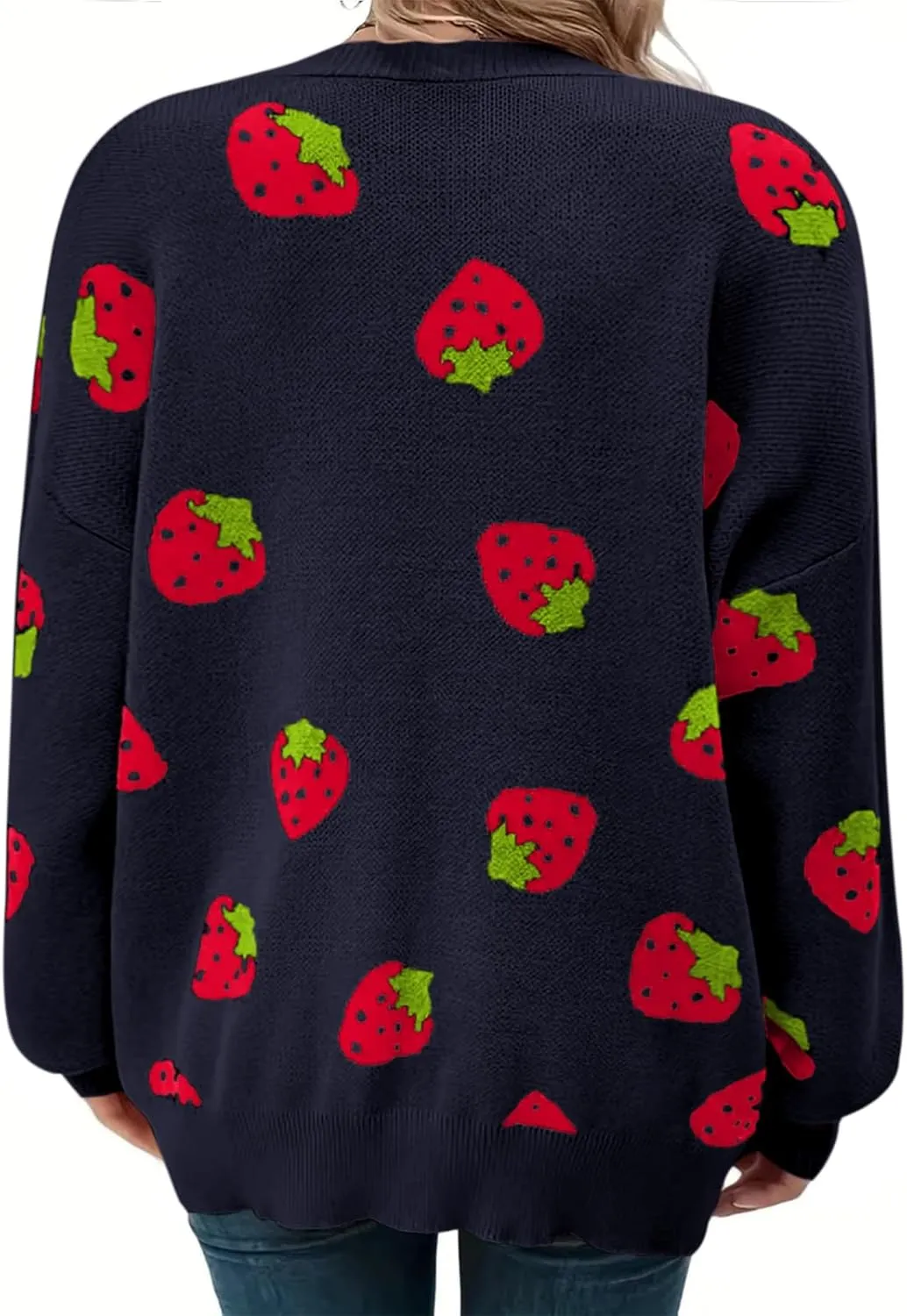 Women's Plus Size Strawberry Floral Print Long Sleeve Open Front Knit Cardigan Sweater