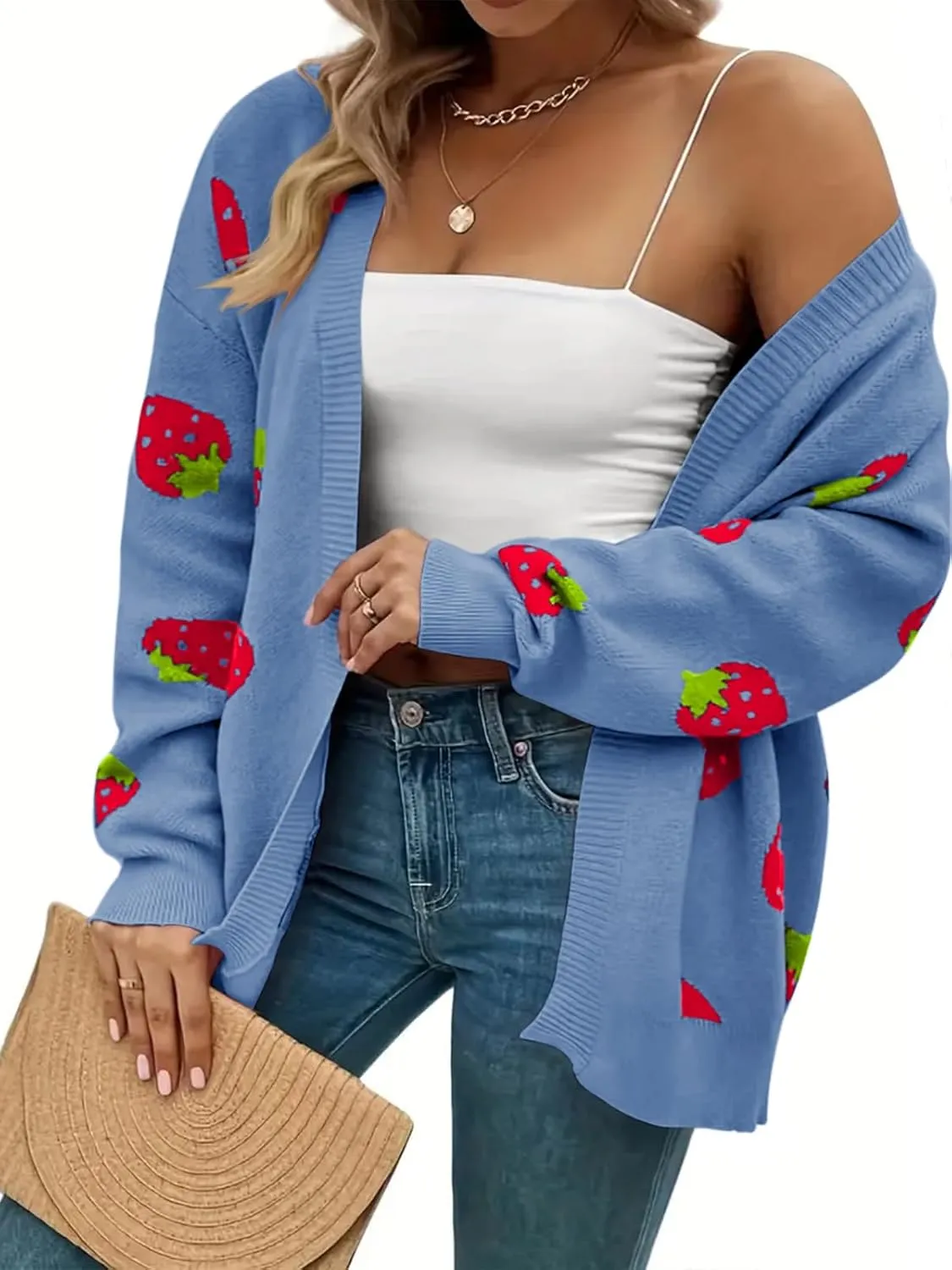 Women's Plus Size Strawberry Floral Print Long Sleeve Open Front Knit Cardigan Sweater