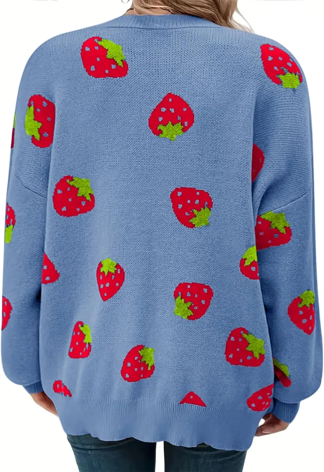 Women's Plus Size Strawberry Floral Print Long Sleeve Open Front Knit Cardigan Sweater