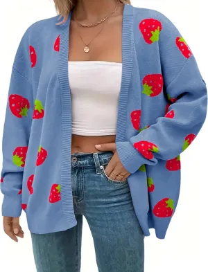 Women's Plus Size Strawberry Floral Print Long Sleeve Open Front Knit Cardigan Sweater