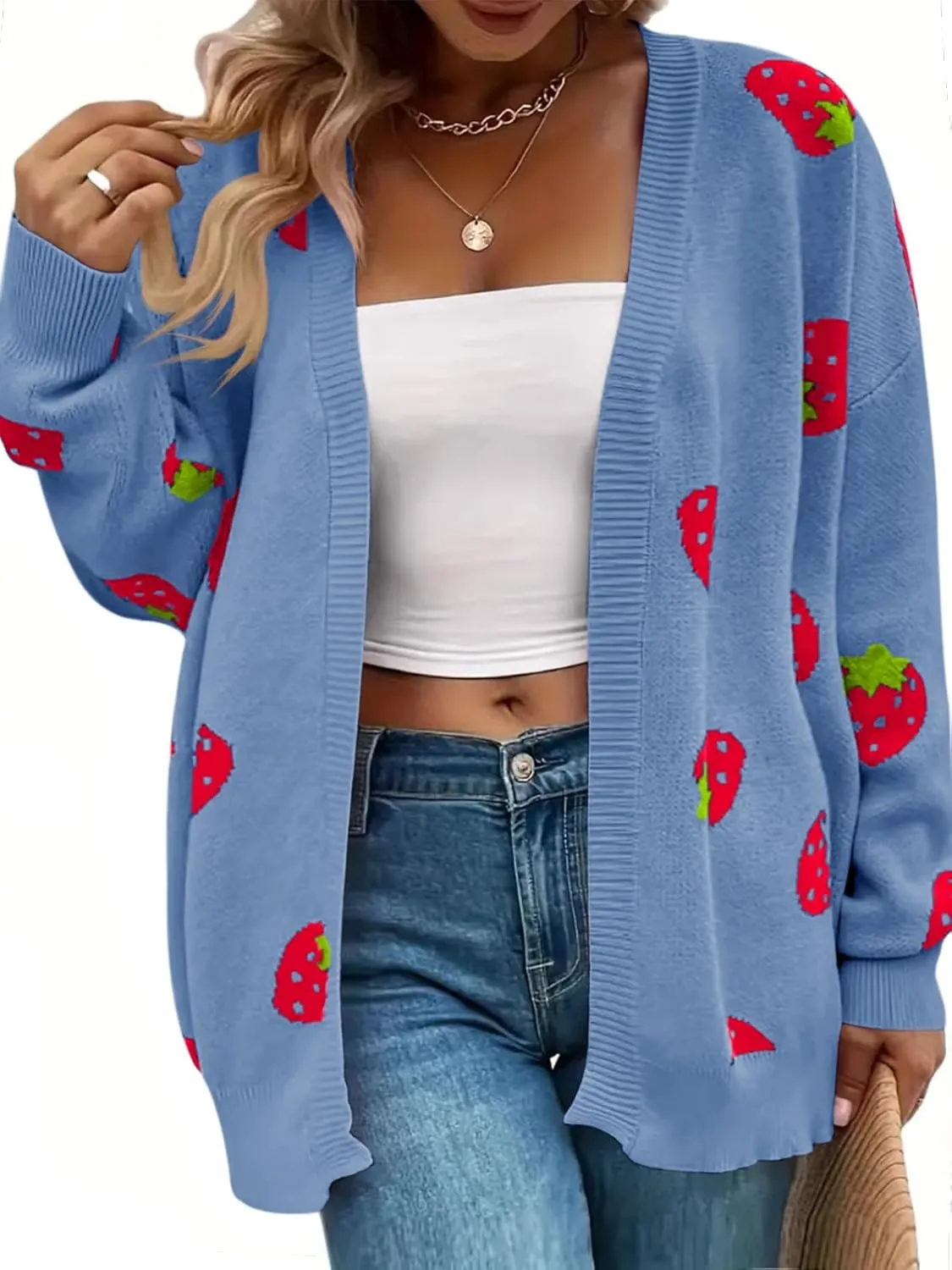 Women's Plus Size Strawberry Floral Print Long Sleeve Open Front Knit Cardigan Sweater