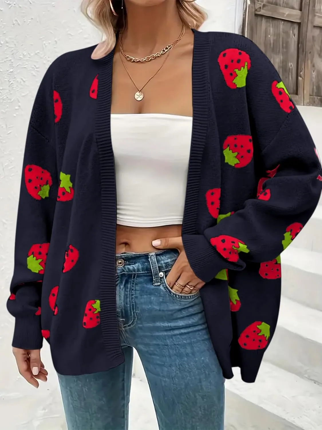 Women's Plus Size Strawberry Floral Print Long Sleeve Open Front Knit Cardigan Sweater