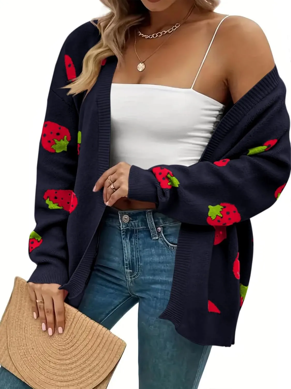 Women's Plus Size Strawberry Floral Print Long Sleeve Open Front Knit Cardigan Sweater