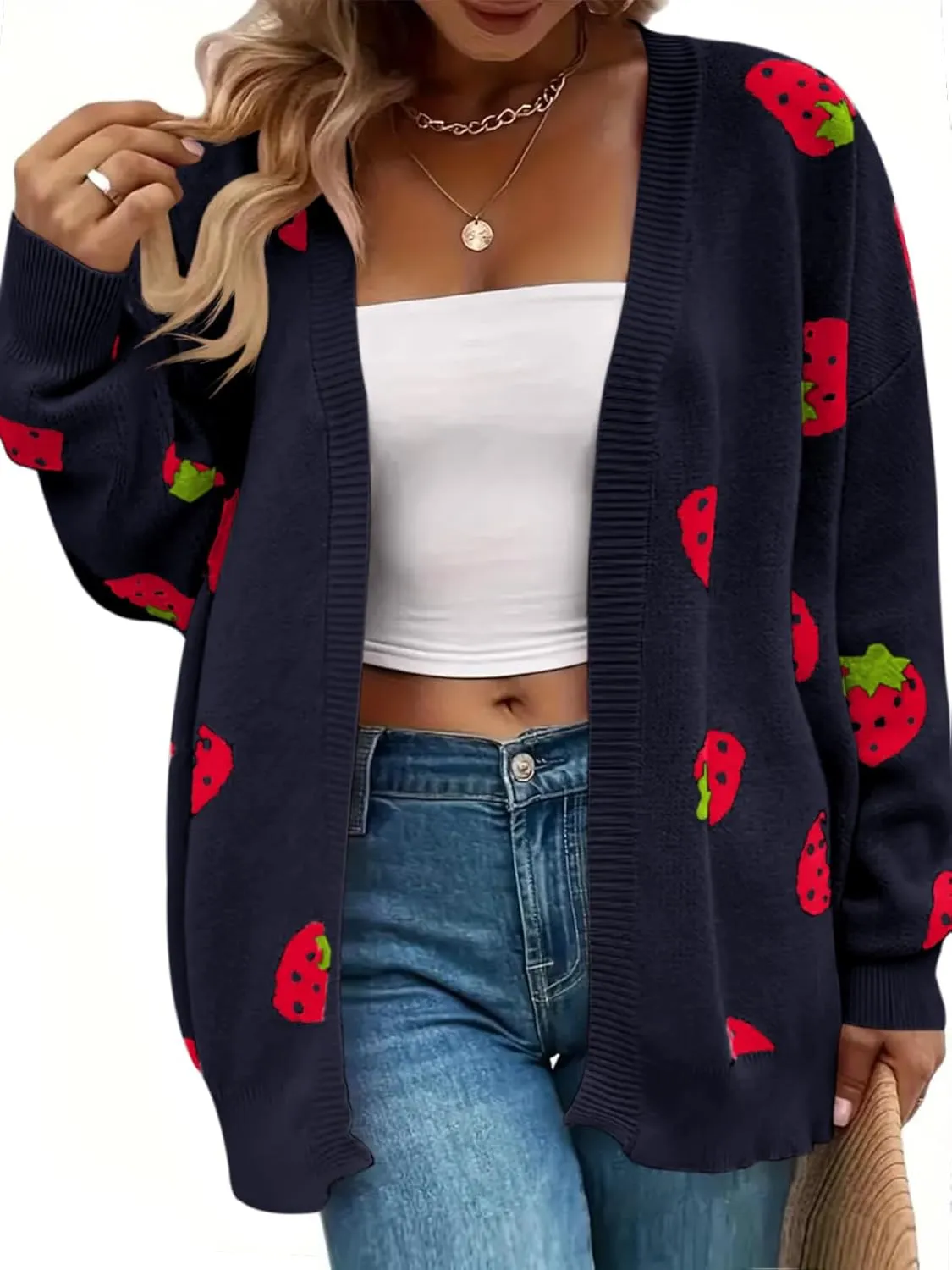 Women's Plus Size Strawberry Floral Print Long Sleeve Open Front Knit Cardigan Sweater