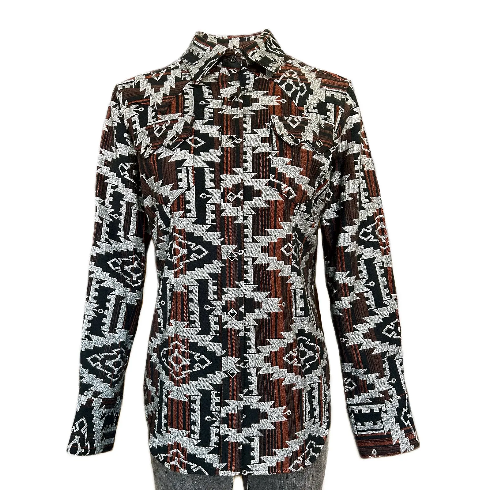 Women's Premium Flannel Chenille Jacquard Western Shirt in Black & Brown