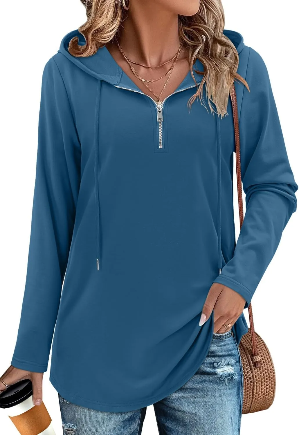 Women's Quarter Zip Tunic Hoodies Pullover Long Hooded Sweatshirts Long Sleeve Tops