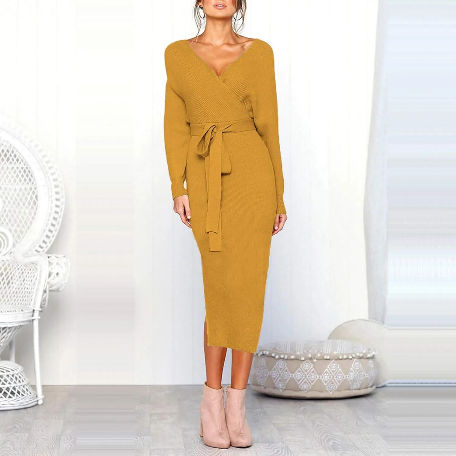 Women's Sexy Cocktail Batwing Long Sleeve Wrap Knit Sweater Dress Fashion V Neck Bodycon Pencil Midi Dresses