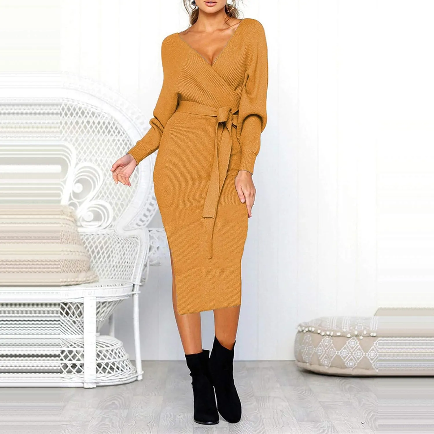 Women's Sexy Cocktail Batwing Long Sleeve Wrap Knit Sweater Dress Fashion V Neck Bodycon Pencil Midi Dresses