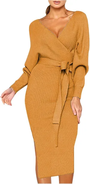 Women's Sexy Cocktail Batwing Long Sleeve Wrap Knit Sweater Dress Fashion V Neck Bodycon Pencil Midi Dresses