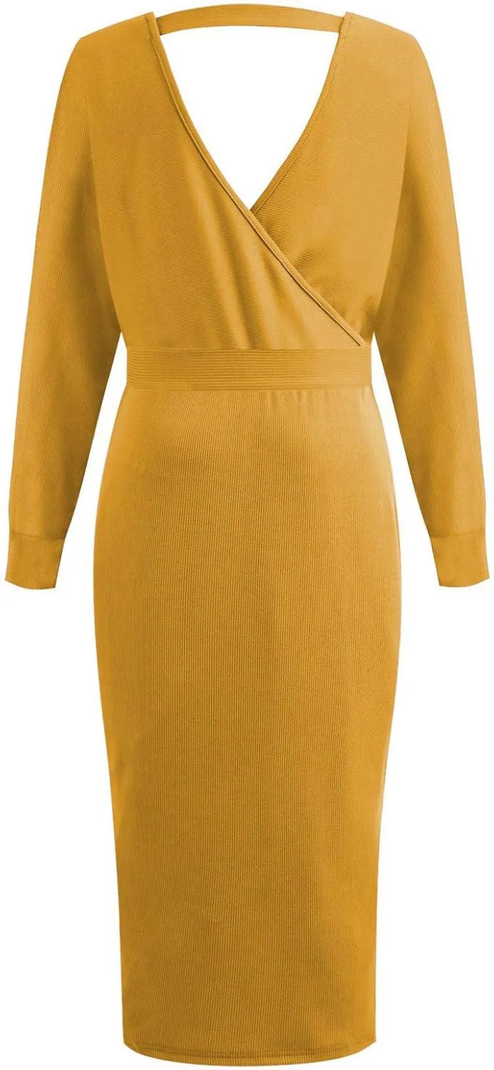 Women's Sexy Cocktail Batwing Long Sleeve Wrap Knit Sweater Dress Fashion V Neck Bodycon Pencil Midi Dresses