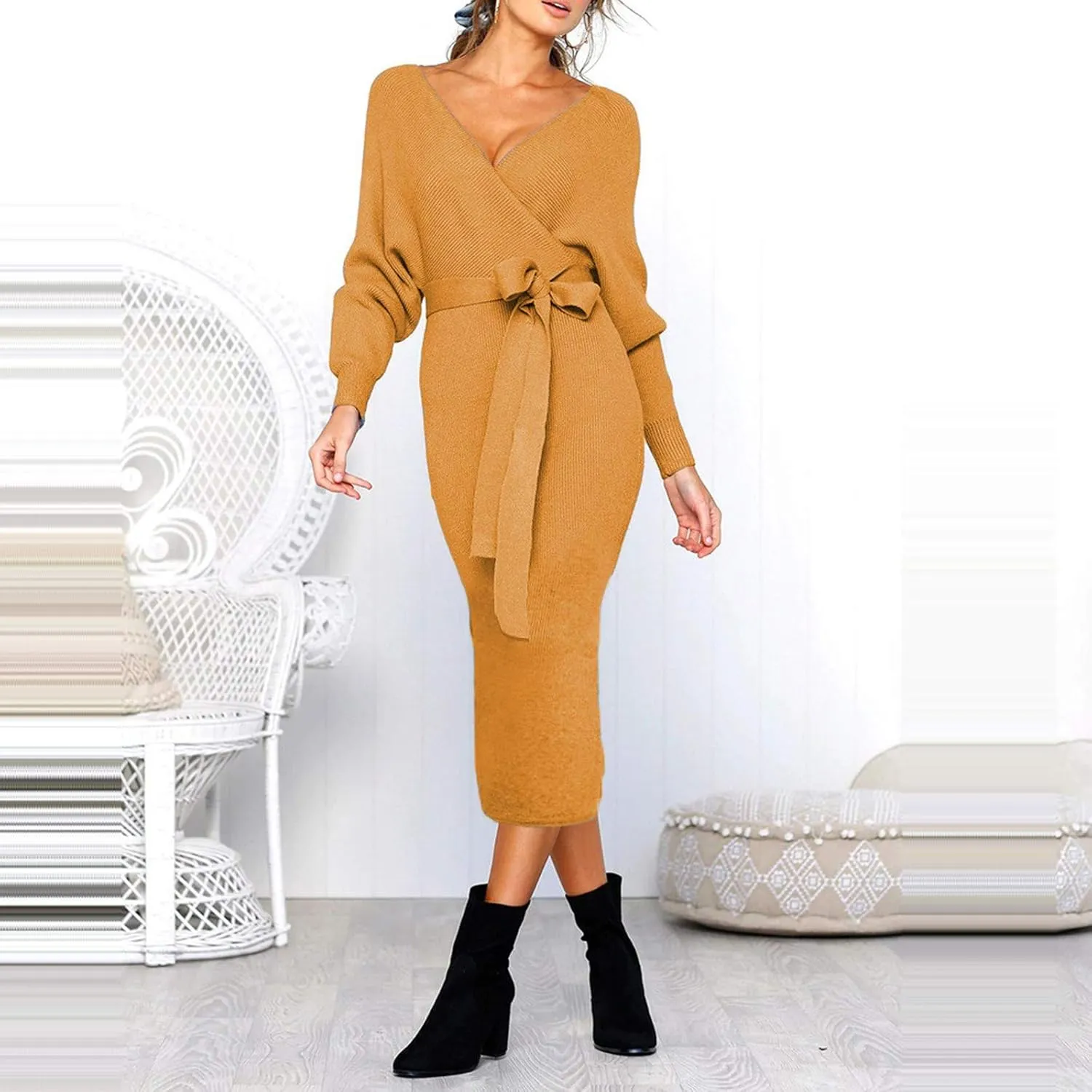 Women's Sexy Cocktail Batwing Long Sleeve Wrap Knit Sweater Dress Fashion V Neck Bodycon Pencil Midi Dresses