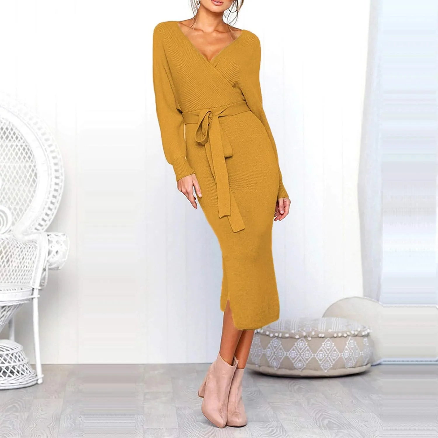 Women's Sexy Cocktail Batwing Long Sleeve Wrap Knit Sweater Dress Fashion V Neck Bodycon Pencil Midi Dresses