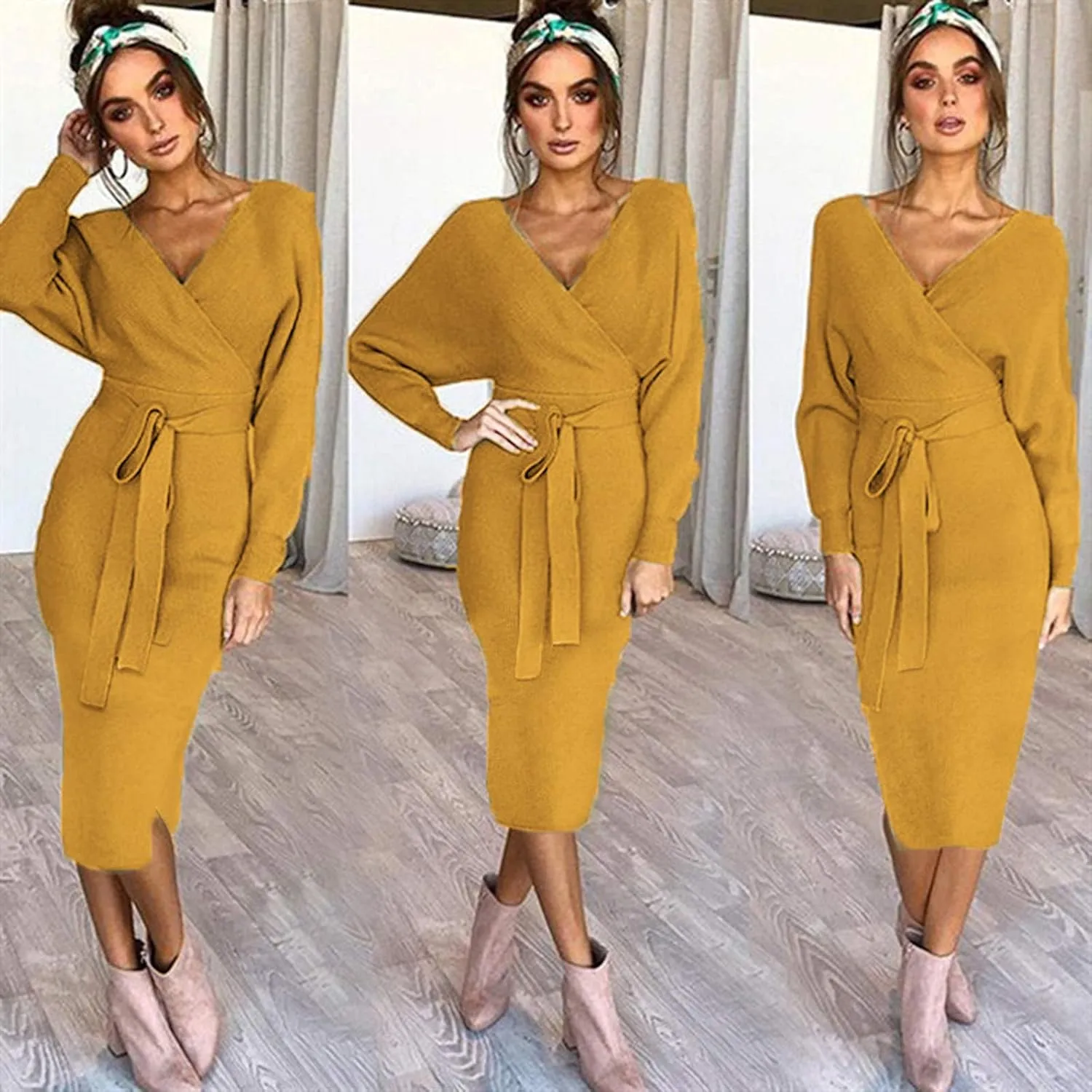 Women's Sexy Cocktail Batwing Long Sleeve Wrap Knit Sweater Dress Fashion V Neck Bodycon Pencil Midi Dresses