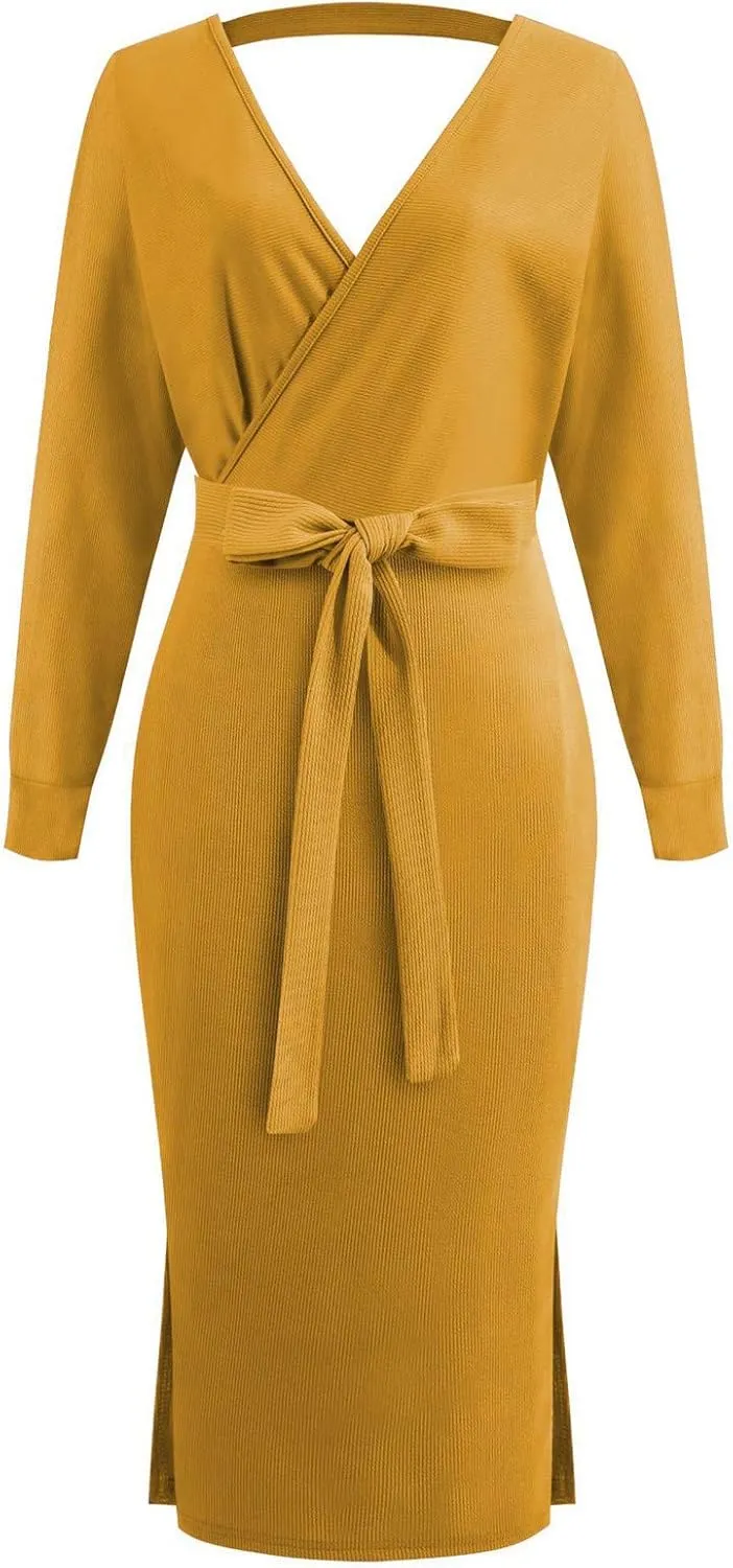 Women's Sexy Cocktail Batwing Long Sleeve Wrap Knit Sweater Dress Fashion V Neck Bodycon Pencil Midi Dresses