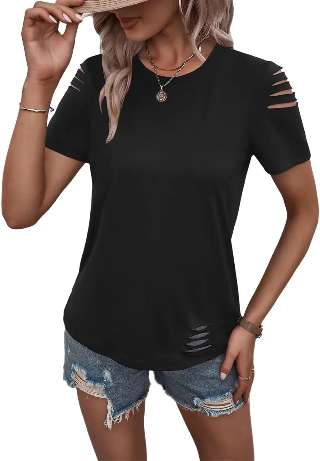 Women's Short Sleeve T Shirts Crew Neck Ripped Cut Out Summer Casual Basic Tees Tops