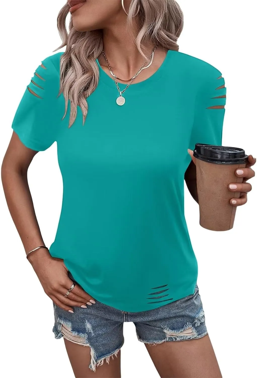 Women's Short Sleeve T Shirts Crew Neck Ripped Cut Out Summer Casual Basic Tees Tops