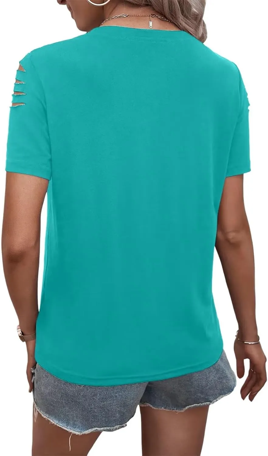 Women's Short Sleeve T Shirts Crew Neck Ripped Cut Out Summer Casual Basic Tees Tops