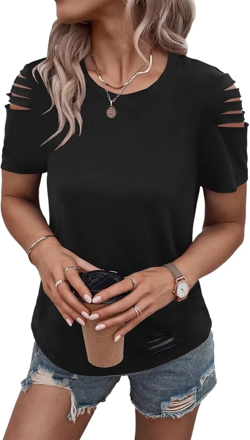 Women's Short Sleeve T Shirts Crew Neck Ripped Cut Out Summer Casual Basic Tees Tops