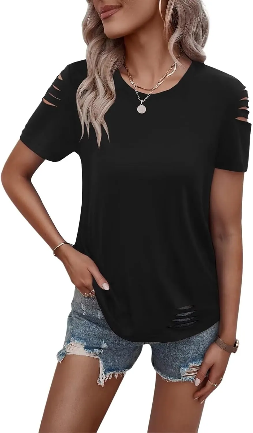 Women's Short Sleeve T Shirts Crew Neck Ripped Cut Out Summer Casual Basic Tees Tops