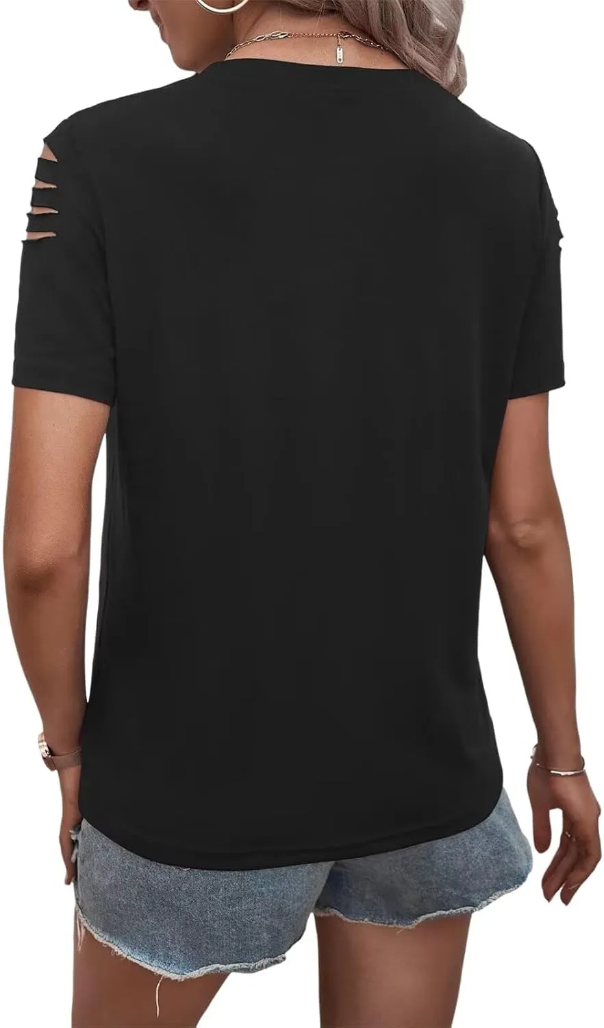 Women's Short Sleeve T Shirts Crew Neck Ripped Cut Out Summer Casual Basic Tees Tops