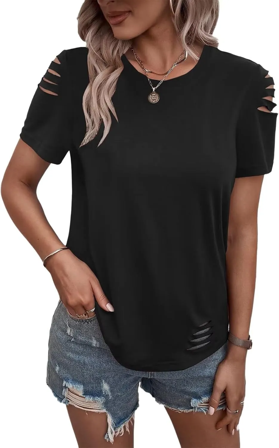 Women's Short Sleeve T Shirts Crew Neck Ripped Cut Out Summer Casual Basic Tees Tops