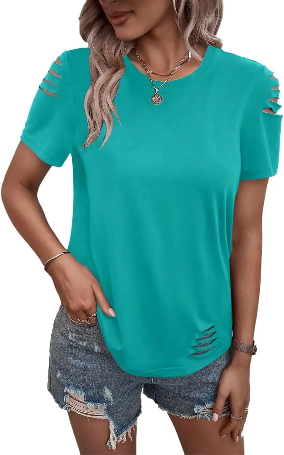 Women's Short Sleeve T Shirts Crew Neck Ripped Cut Out Summer Casual Basic Tees Tops