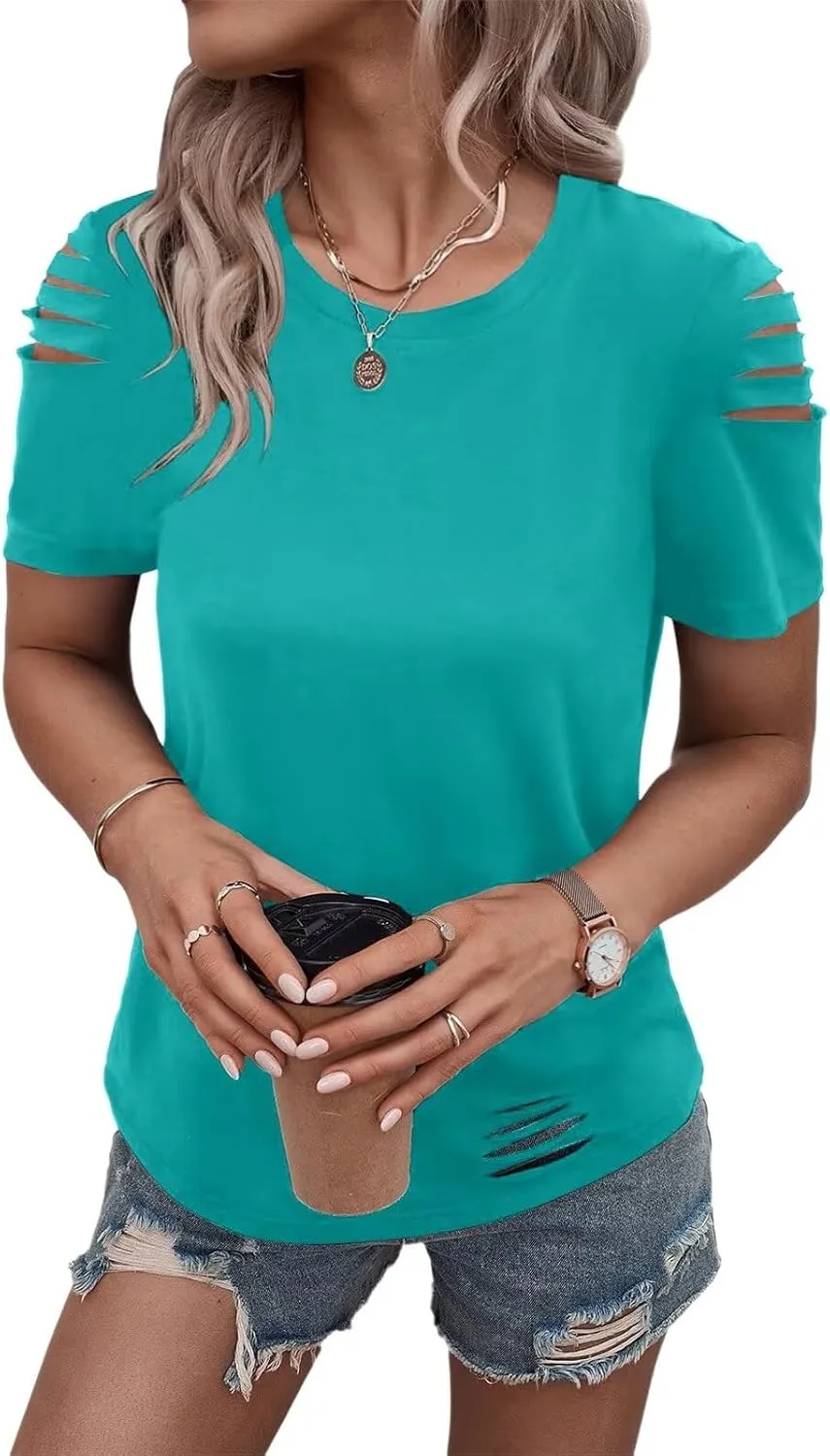 Women's Short Sleeve T Shirts Crew Neck Ripped Cut Out Summer Casual Basic Tees Tops