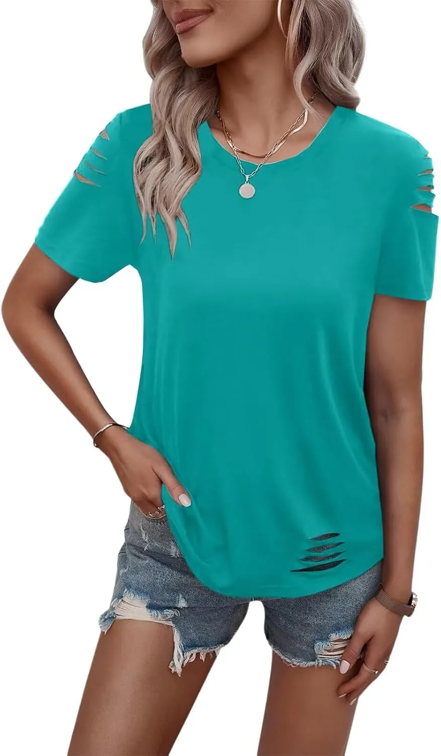 Women's Short Sleeve T Shirts Crew Neck Ripped Cut Out Summer Casual Basic Tees Tops