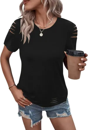 Women's Short Sleeve T Shirts Crew Neck Ripped Cut Out Summer Casual Basic Tees Tops