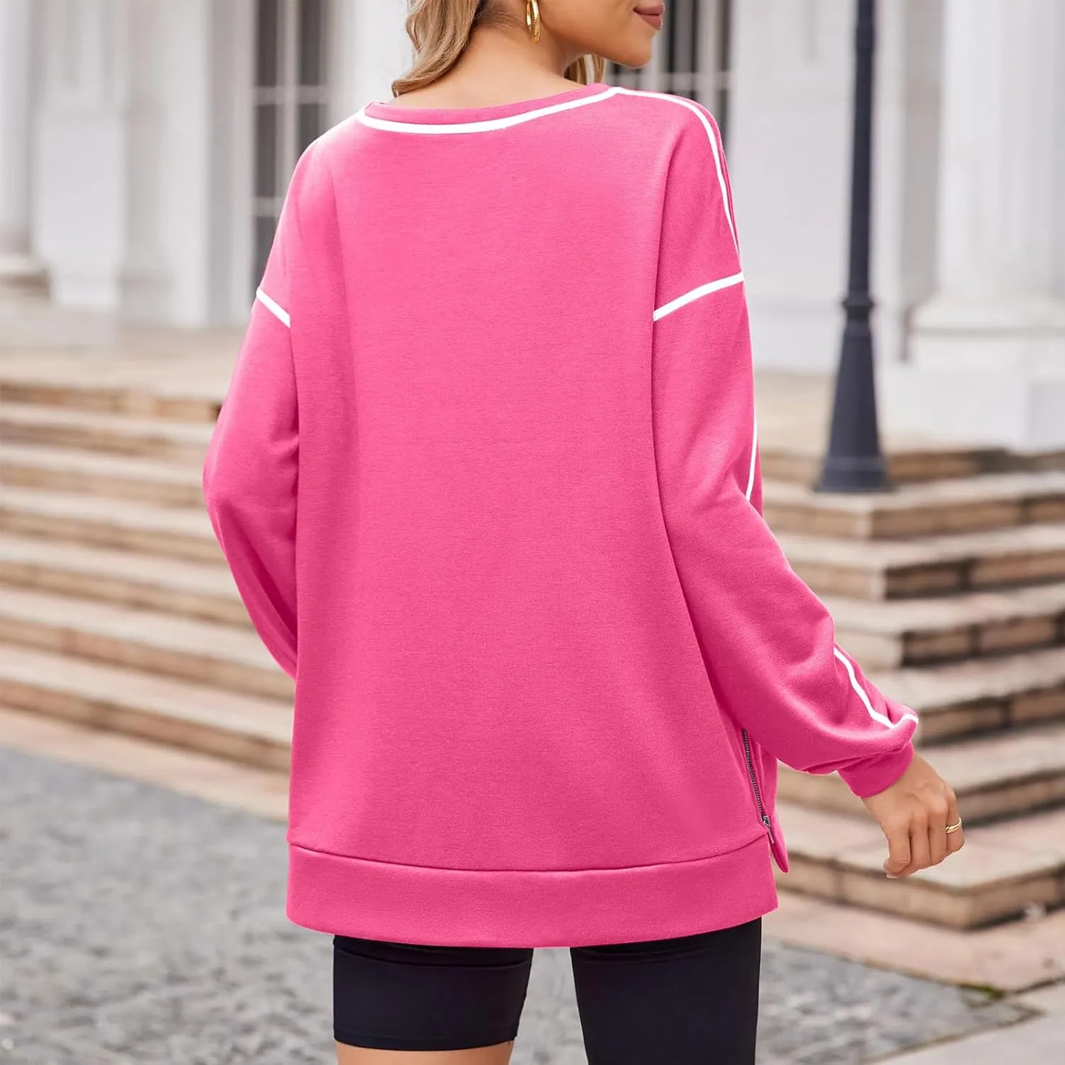 Women's Side Zipper Oversize Sweatshirts Crewneck Pullover Trendy Solid Color Long Sleeve Casual Soft Sweatshirt Tops