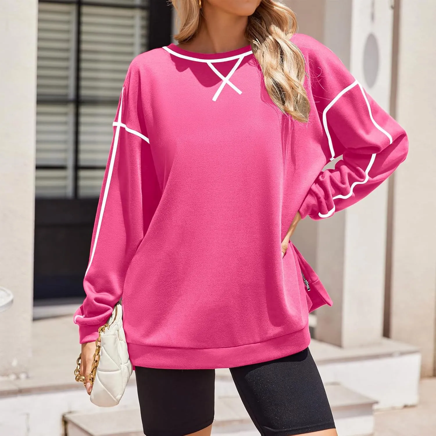 Women's Side Zipper Oversize Sweatshirts Crewneck Pullover Trendy Solid Color Long Sleeve Casual Soft Sweatshirt Tops