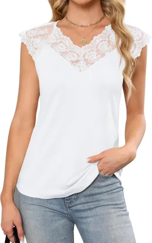 Women's Sleeveless Tops Lace Floral Dressy Casual V Neck Shirts Loose Cami Blouses Tank