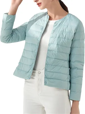 Women's Snap Buttons Duck Down Jacket Packable Crewneck Cropped Puffer Jacket Winter Lightweight Quilted Jacket