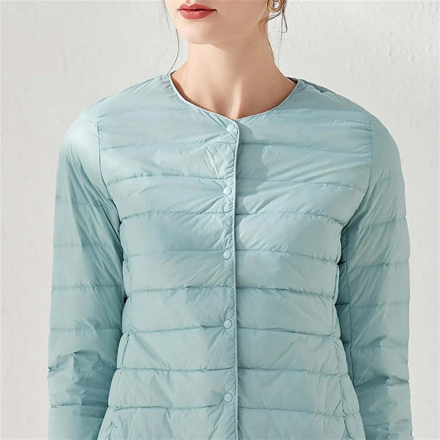 Women's Snap Buttons Duck Down Jacket Packable Crewneck Cropped Puffer Jacket Winter Lightweight Quilted Jacket