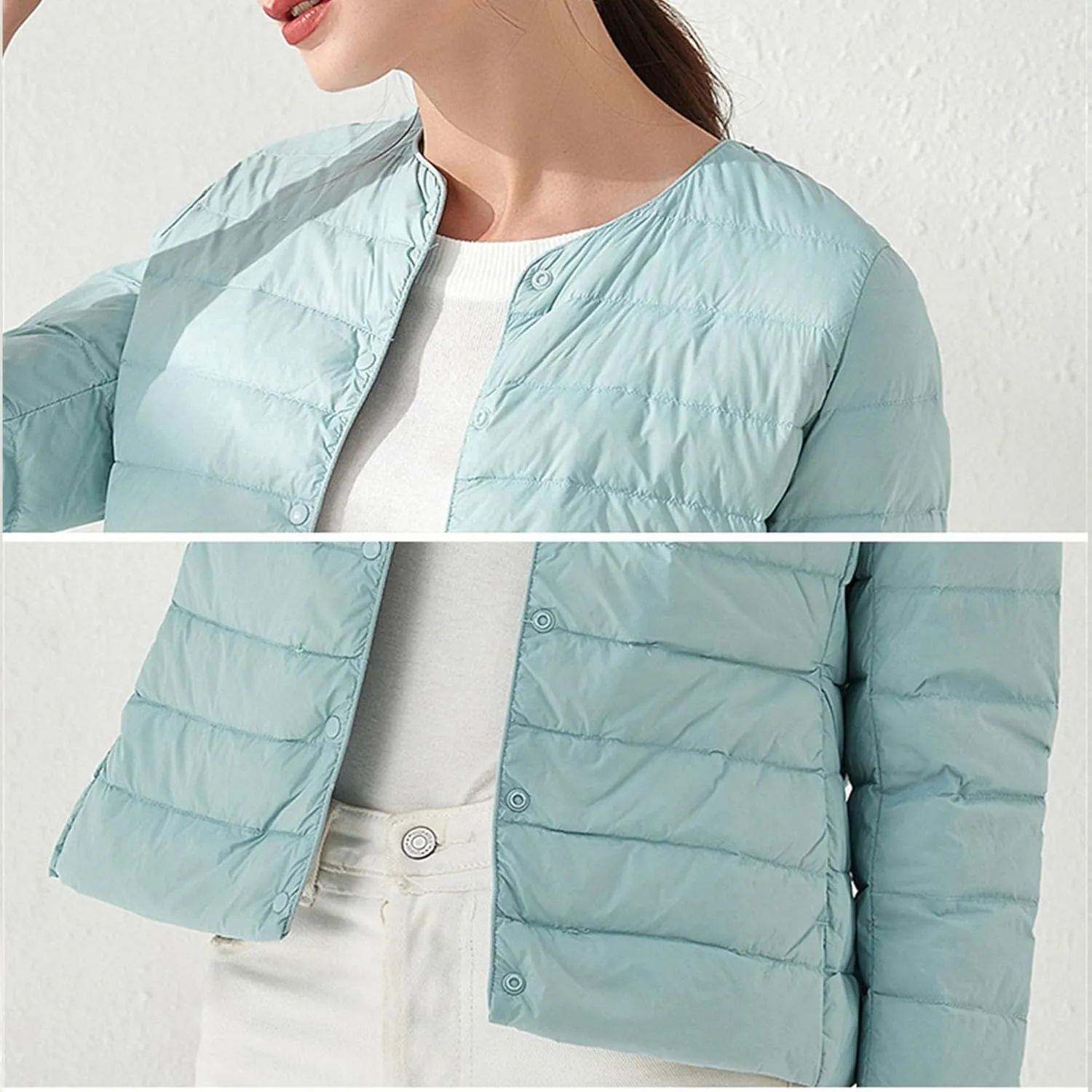 Women's Snap Buttons Duck Down Jacket Packable Crewneck Cropped Puffer Jacket Winter Lightweight Quilted Jacket