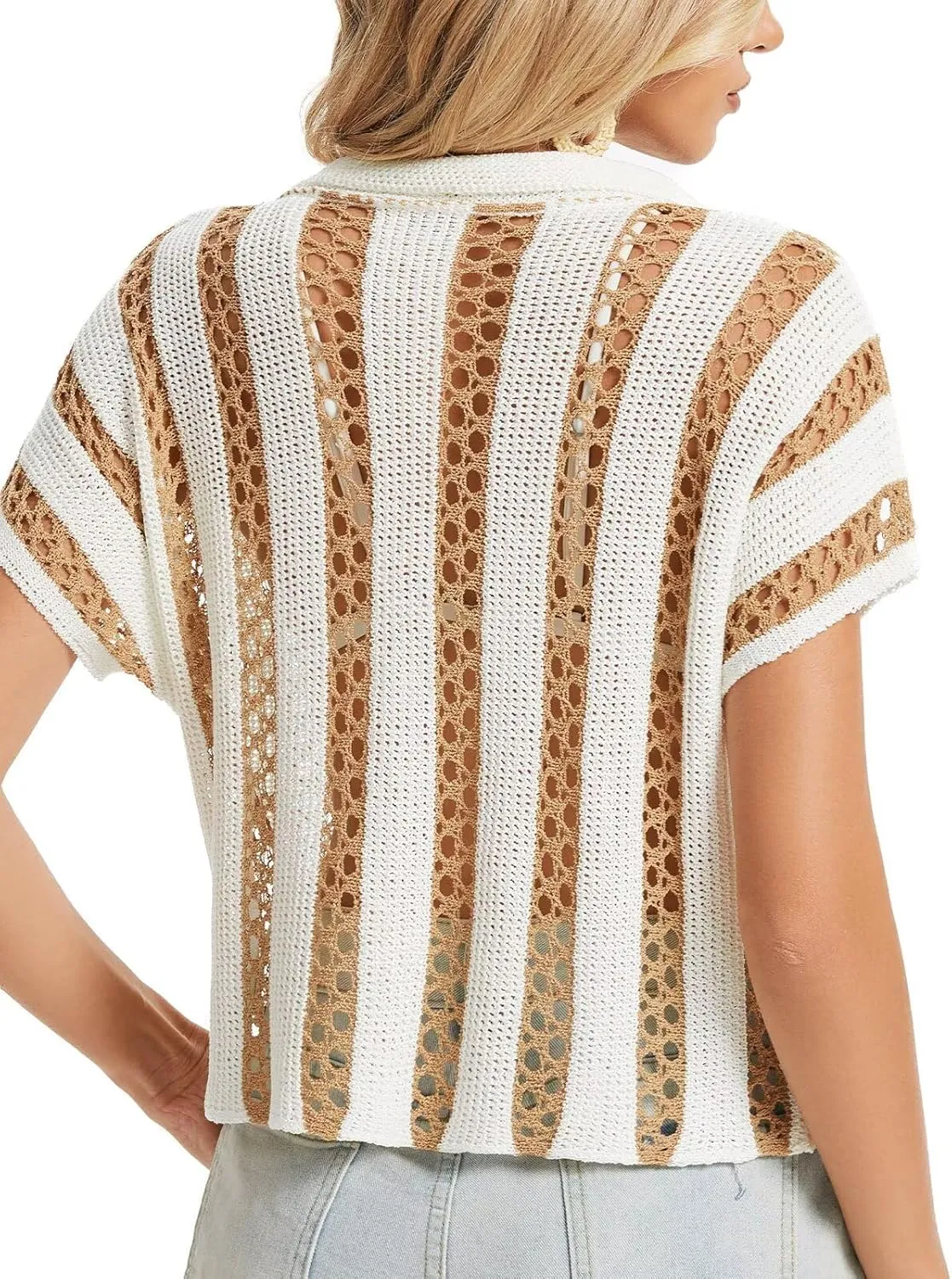 Womens Striped Cropped Crochet Cardigan Summer Casual Short Sleeve V-Neck Button Down Hollow Out Sweater Tops