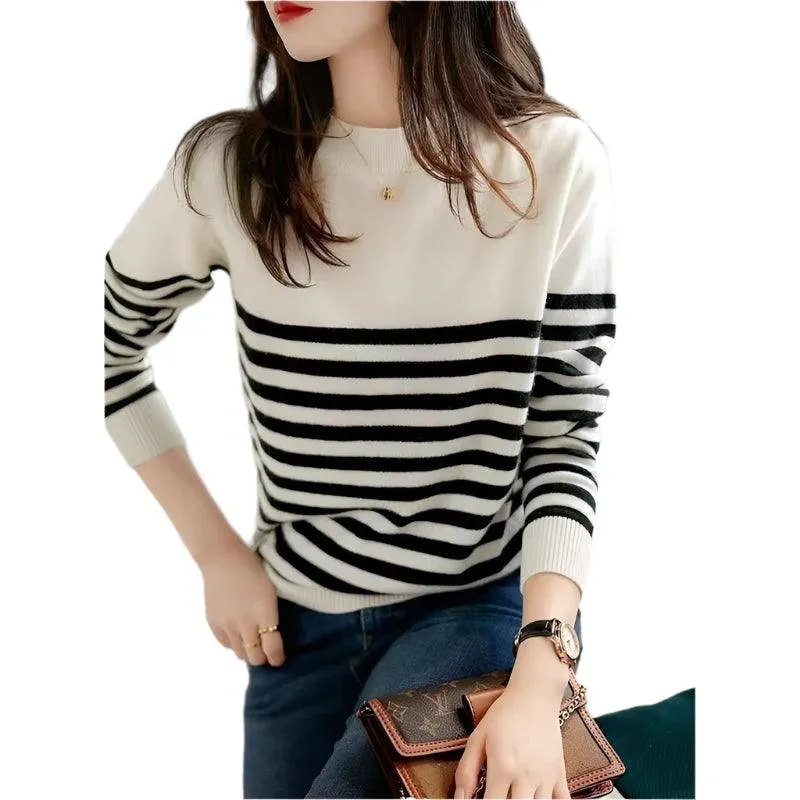Women's Striped Knitted Sweater – Chic & Cozy Korean Fashion Pullover
