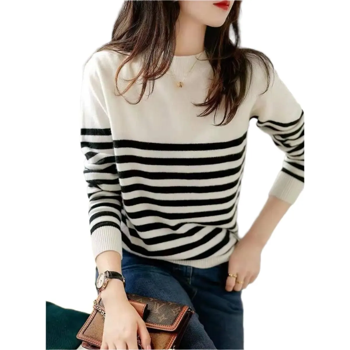 Women's Striped Knitted Sweater – Chic & Cozy Korean Fashion Pullover