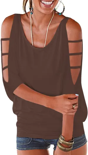 Womens Summer Cold Shoulder Tops 3/4 Sleeve T Shirts Pullover Casual Dolman Blouses
